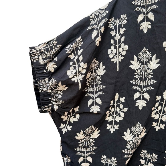 Entro Jeanette Black Botanical Print Top V Neck Bubble Sleeve Boho Peasant LG - Picture 2 of 5